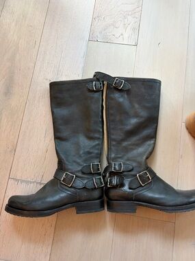 Frye Black Leather Mid-Calf Buckle Boots